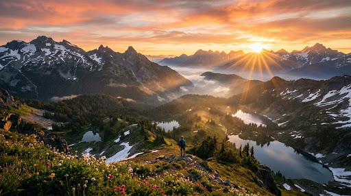 Wide mountain vista at dawn